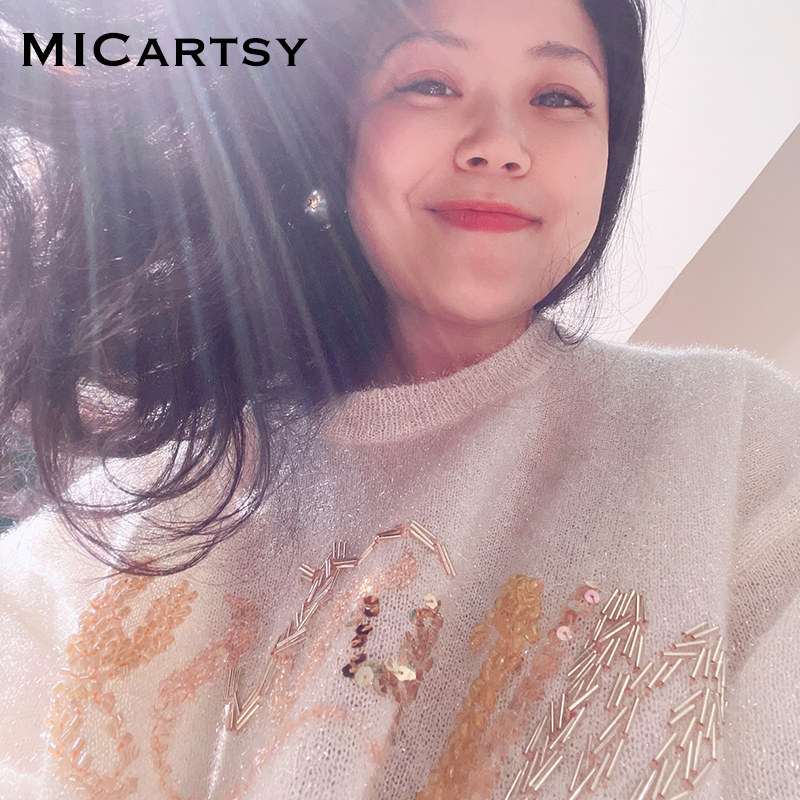 micartsy王紫珊2022春夏新款micartsy钉珠玻璃纱针织套头上衣