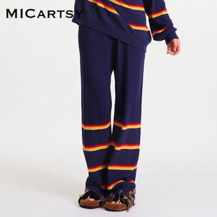 MICartsy王紫珊春夏早春新款 女休闲百搭 条纹针织阔腿裤