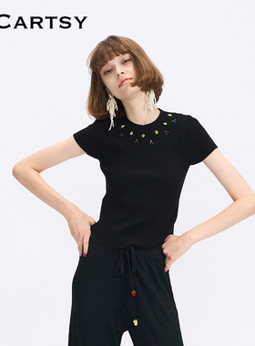MICartsy王紫珊黑色针织衫简约内搭钉珠正肩显瘦短袖上衣T恤女