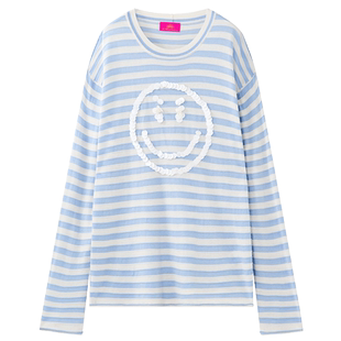 MICartsy王紫珊配饰车to go系列早秋新款笑脸宽松蓝白条纹T恤上衣