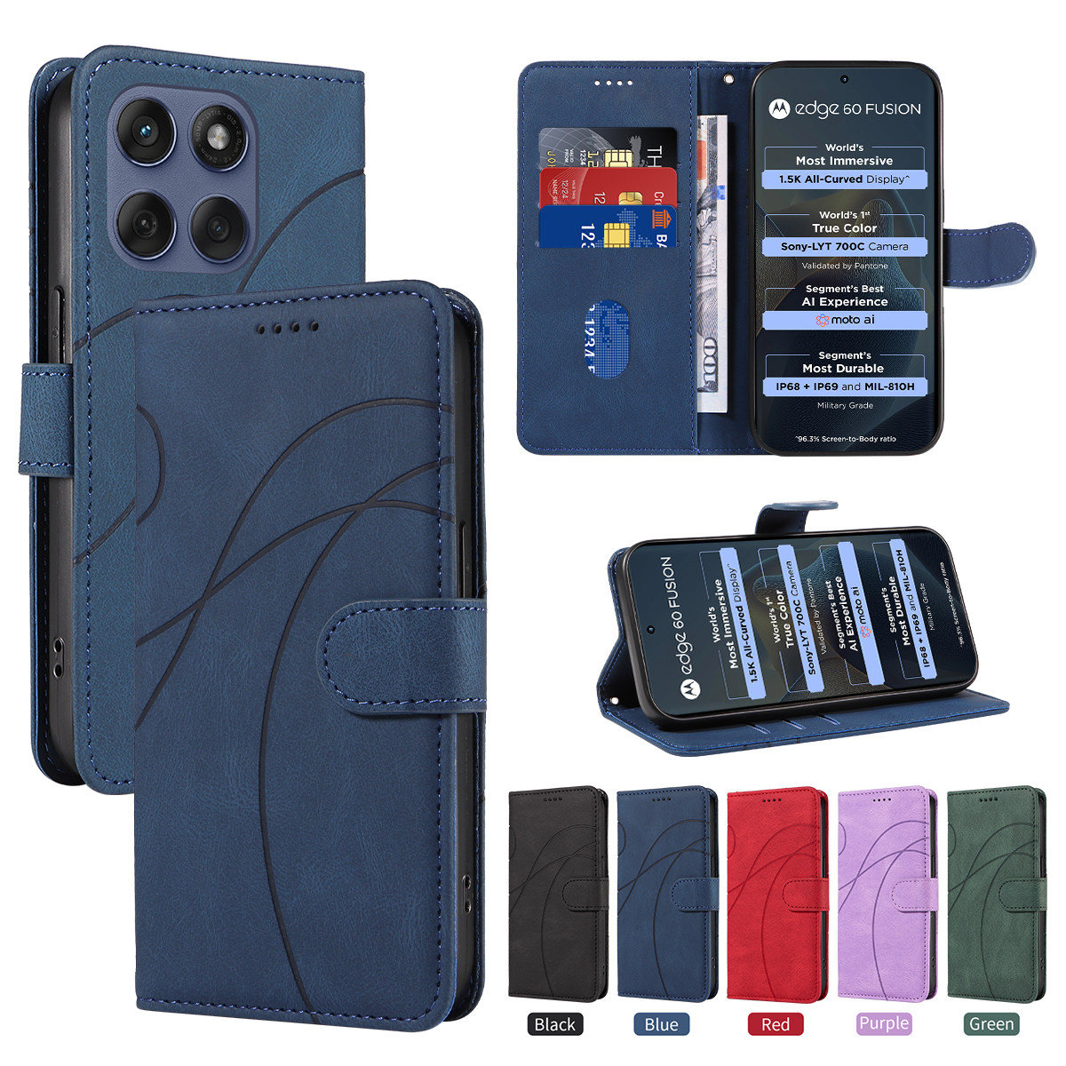 适用于MOTO edge 60 Fusion,edge 60 Pro弧形压线皮套手机壳翻盖式插卡保护套防摔商务外壳素皮男女