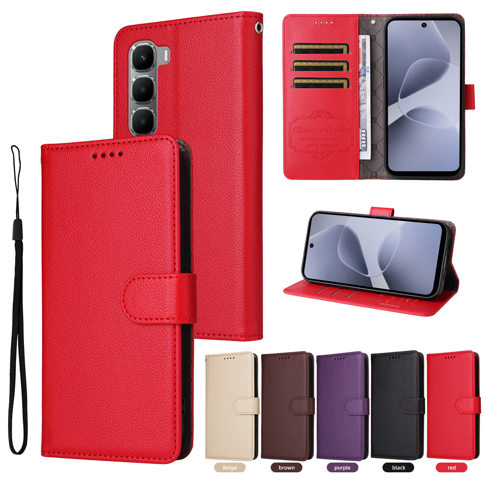 适用于传音Infinix Hot 60 5G，Hot 60i 4G经典荔枝纹皮套手机壳插卡防摔保护套商务男女素皮外壳翻盖式