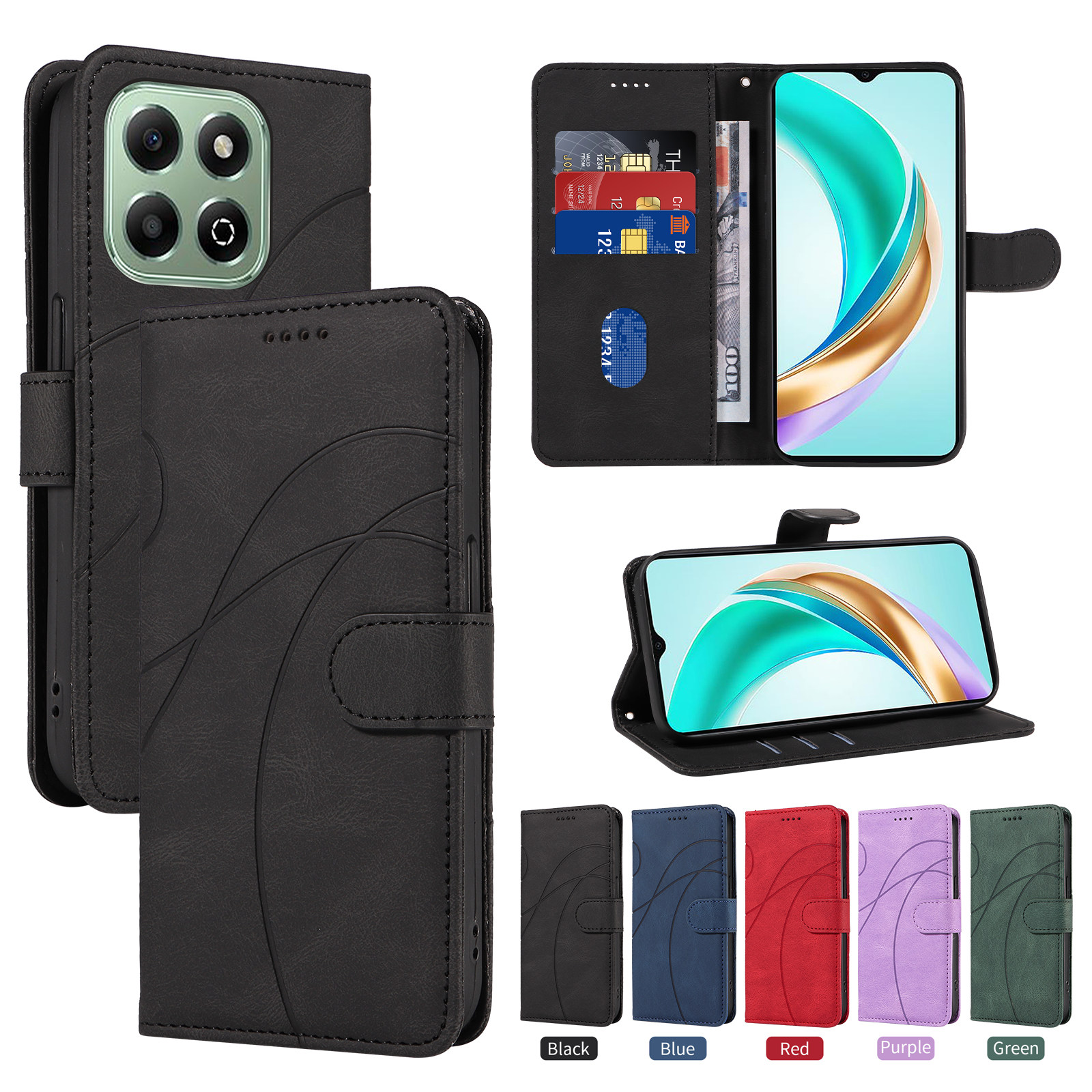 适用于荣耀X6C，Honor X6C 4G弧形压线皮套手机壳插卡防摔保护套翻盖式商务素皮男女