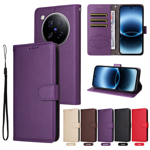 适用于vivo X500 Pro经典荔枝纹皮套手机壳翻盖式素皮插卡防摔保护套商务男女
