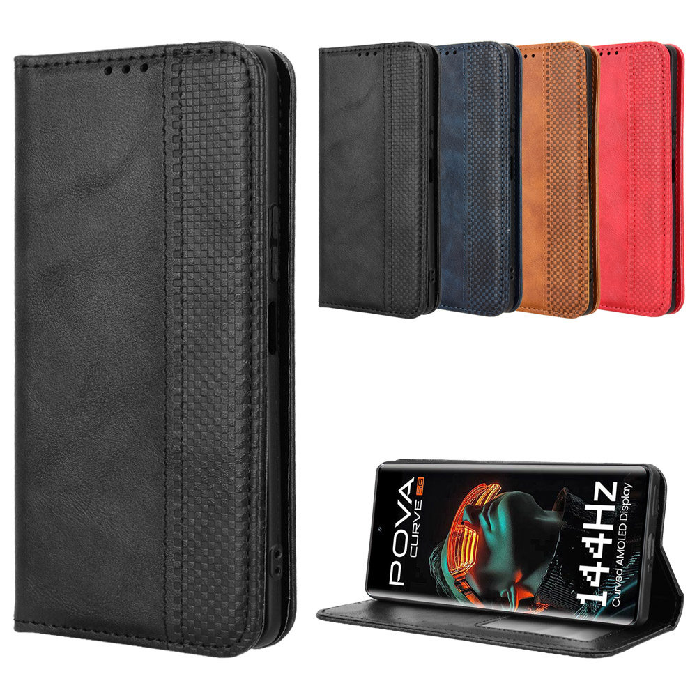 适用于传音Tecno Pova Curve 5G，LJ8k磁扣复古纹皮套手机壳插卡防摔保护套翻盖式商务外壳男女素皮