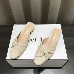 粗中跟浅口软面皮半托试衣鞋 法式 外穿2025新款 女春夏季 包头半拖鞋