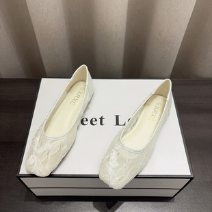 透气镂空包头凉鞋 春夏季 方头浅口平底鞋 女2026年新款 蕾丝网纱单鞋