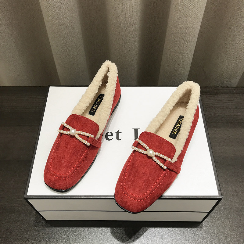 方头加绒软底豆豆鞋女2024秋冬新款珍珠装饰保暖厚底平底毛毛单鞋,女鞋,乐福鞋（豆豆鞋）,淘宝优惠券,粉丝福利购,淘宝优惠卷