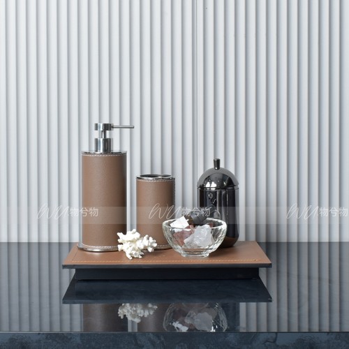 WU 物兮物 咖色皮革不锈钢卫浴套装卫生间洗手台售楼处样板间软装