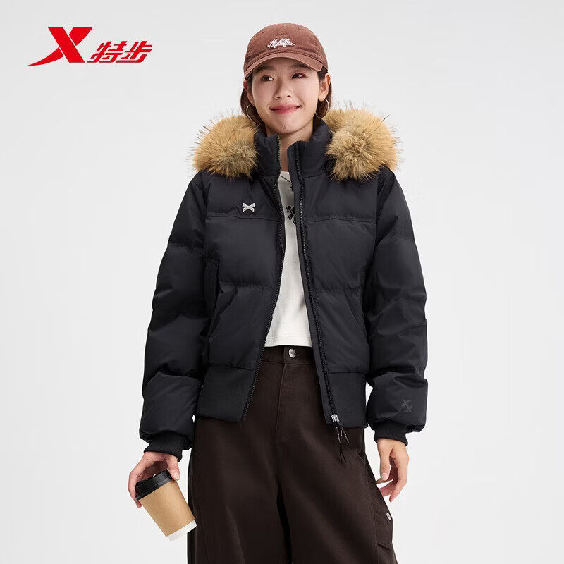 特步毛领连帽羽绒服女肯豆风短款