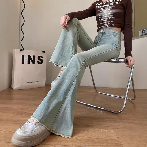 喇叭裤2025年弹力拖地高腰牛仔裤浅色设计感毛边显瘦显高新款春季