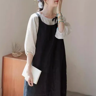 風景清新背帶裙子連衣裙亞麻黑色女新款 2025后背夏減齡氣質 女裝