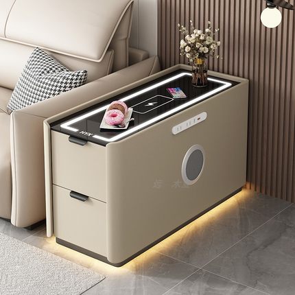 现代简约智能沙发边柜客厅可移动边桌带LED灯无线充电储物收纳柜