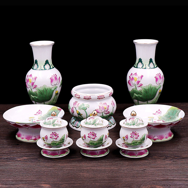 浮雕莲花套装供奉陶瓷家用香炉供水杯果盘神台佛堂花瓶贡水碗佛具