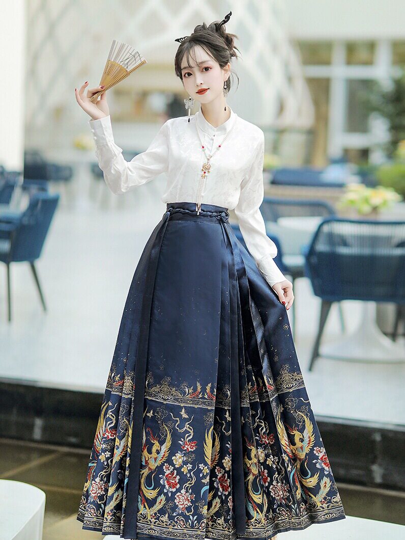 FENGXIA 원래 명나라 HANFU 여성 2024 새로운 가을 짠 골드 메이크업 말 얼굴 스커트 국가 스타일 일일 통근 의상