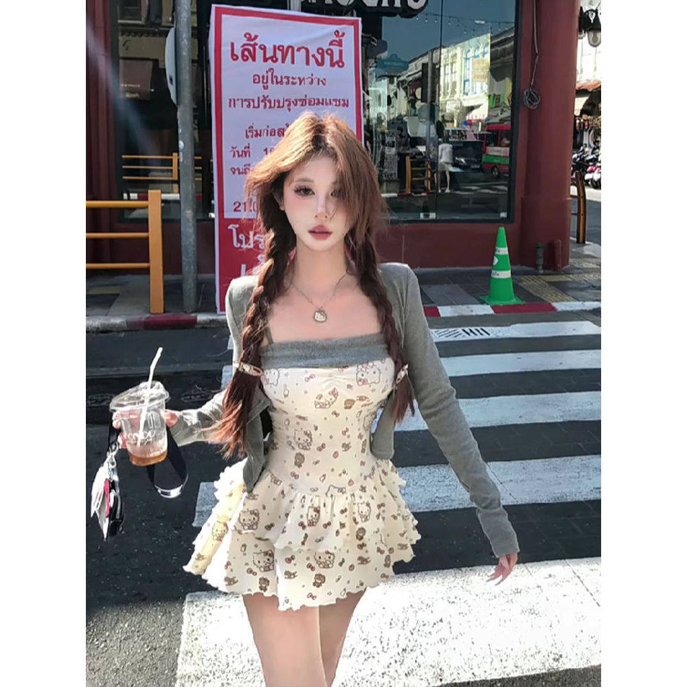 心动春日 春装新款纯欲风设计感连衣裙气质开衫收腰显瘦甜美套装