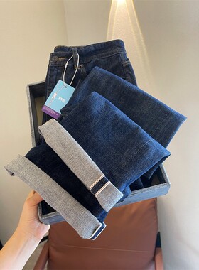 轻奢赤耳牛仔！巨有型！红翻边高腰显瘦原色直筒阔腿牛仔裤女秋