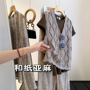 亚麻和纸纱~夏季薄款镂空针织开衫无袖V领背心上衣女复古钩花马甲