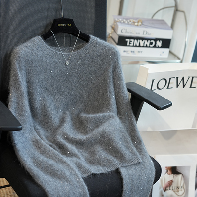 虫小小 羊毛羊绒珠片圆领针织衫女拉绒毛衣内搭打底衫秋冬季A64G