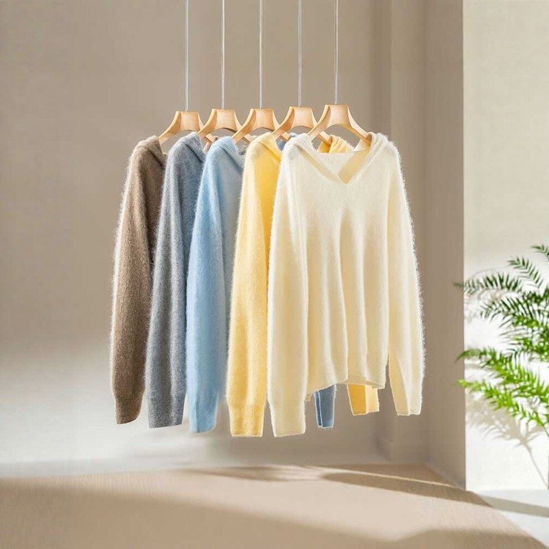 秋冬保暖羊毛羊绒拉绒皮草风日本岛精无缝连帽针织衫女毛衣帽衫白