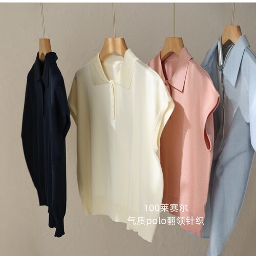 闭眼入气质100莱赛尔Polo翻领宽肩包袖显瘦针织衫上衣短袖T恤女夏