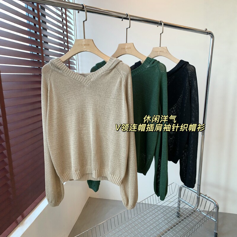 THEWOW 休闲洋气 软糯顺滑轻盈透气宽松版V领连帽插肩袖针织帽衫