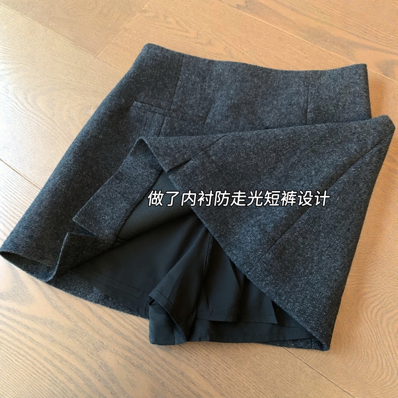 THEWOW时髦精毛呢短裙 50羊毛小开衩设计显瘦A字半裙带衬裤秋冬女