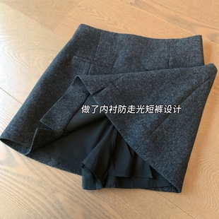 THEWOW时髦精毛呢短裙 秋冬女 50羊毛小开衩设计显瘦A字半裙带衬裤