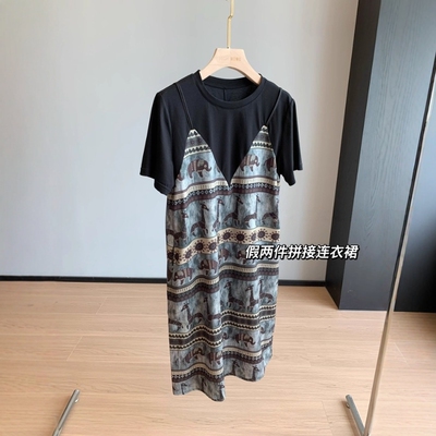 轻松纸片人！气质显瘦洋气款复古印花假两件棉+莱赛尔连衣裙女夏