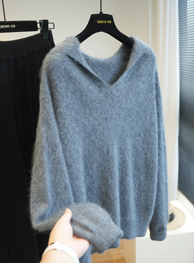 无缝一体羊绒羊毛蓬松拉毛连帽针织衫女毛衣内搭外穿上衣秋冬A70K
