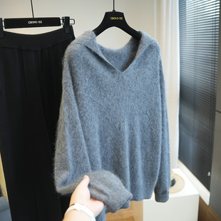 无缝一体羊绒羊毛蓬松拉毛连帽针织衫女毛衣内搭外穿上衣秋冬A70K