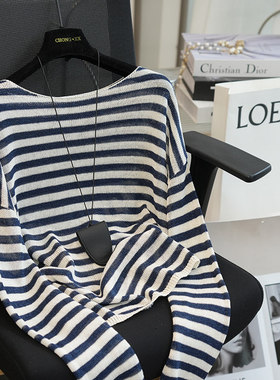 虫小小 一字领天丝亚麻宽松条纹针织衫女薄款长袖上衣罩衫春976F