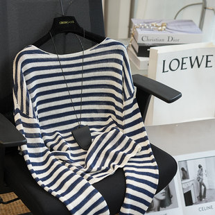 长袖 虫小小 一字领天丝亚麻宽松条纹针织衫 女薄款 春976F 上衣罩衫