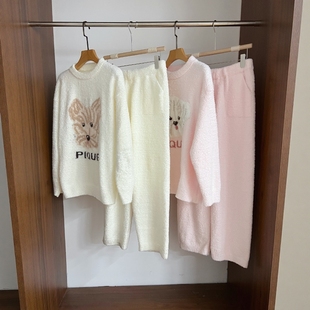 日本高端GP家居服套装加厚加绒半边绒可外穿保暖毛绒睡衣睡裤女冬