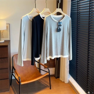 显瘦假两件 高弹舒适百搭桑蚕丝圆领长袖打底衫外出内搭T恤女秋季