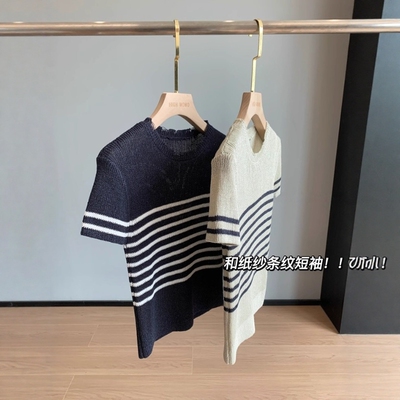 多元造型！z~z系列干爽透气和纸纱毛边领口镂空针织条纹短袖女夏