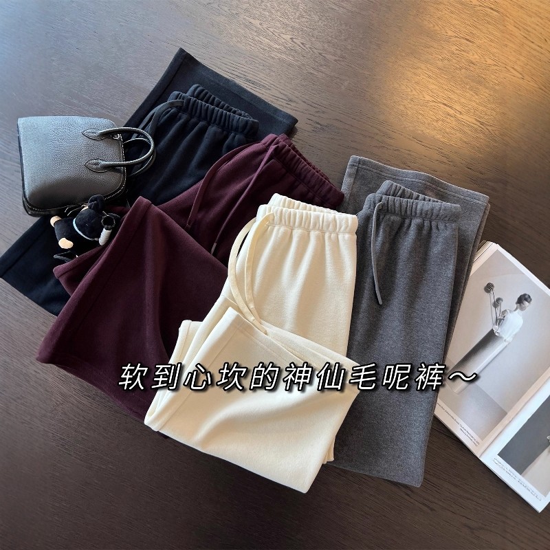 发热10度！山羊绒醋酸羊毛休闲直筒裤子加厚毛呢裤阔腿拖地长裤女