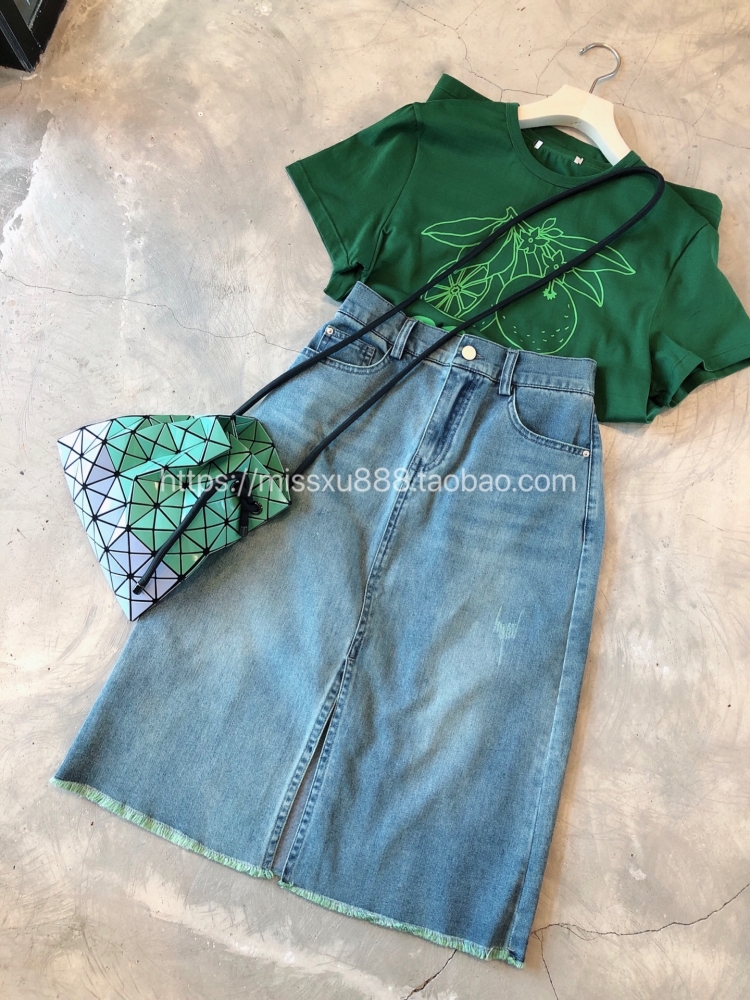 chao软舒适土耳其面料 撞色小流苏毛边 开叉中长款牛仔半身裙22新