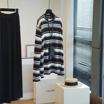 复古色系100绵羊毛宽松显瘦时尚廓形条纹针织衫女毛衣秋冬新934M