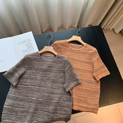 透气舒适 亚麻+棉 圆领镂空钩花花纱编织显瘦气质百搭针织衫短袖T