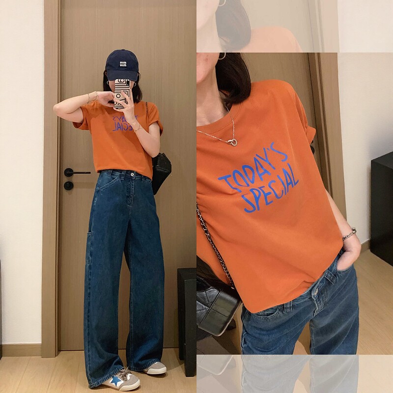 橙意字母T!私服定染高密精梳棉胶印短袖美式复古圆领T恤