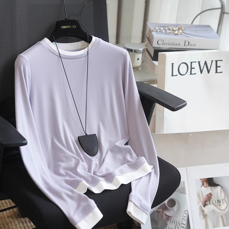 虫小小 神仙配色！假两件拼接休闲减龄长袖T恤女上衣内搭春秋967A