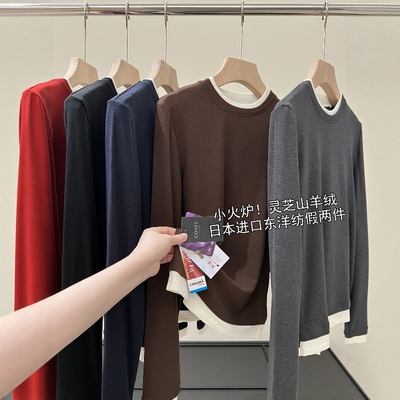 高奢进口绸丽 灵芝山羊绒长袖圆领T恤秋冬内搭打底衫假两件上衣女