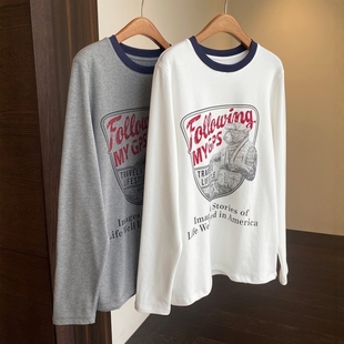 AMR UU◆美式休闲 慵懒范宽松显瘦印花加绒打底衫女撞色T恤秋冬新