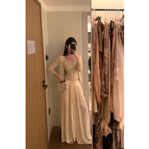 松弛感垂感阔腿裤纯欲杏色三件套