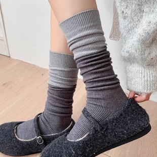 灰色堆堆袜秋冬保暖miu系小腿袜拼色长筒袜女学院风格 雷系及膝袜