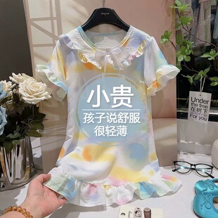 女童短袖连衣裙夏天薄款家居服睡衣甜美公主睡裙小女孩云朵棉裙子