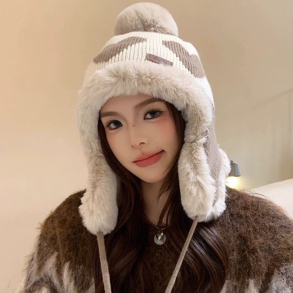 东北毛绒雷锋帽子女秋冬季加厚保暖针织毛线帽骑行滑雪防寒护耳帽