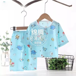 睡衣开衫 儿童绵绸家居服套装 男女薄款 新款 婴儿棉绸空调服 2026夏季
