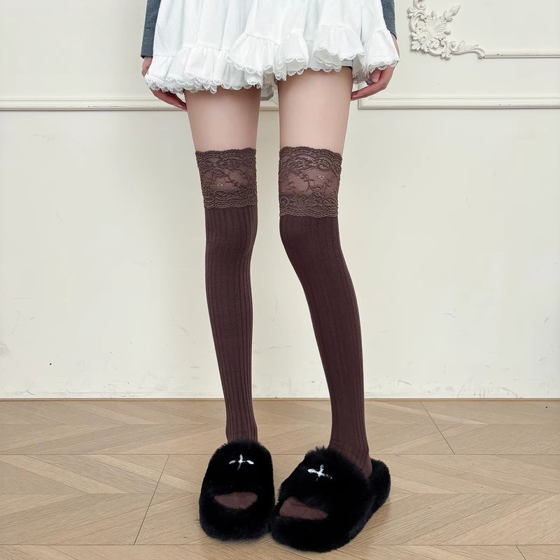 蕾丝过膝袜子女款秋冬显瘦大腿袜高筒袜白色花边堆堆袜配长筒靴子
